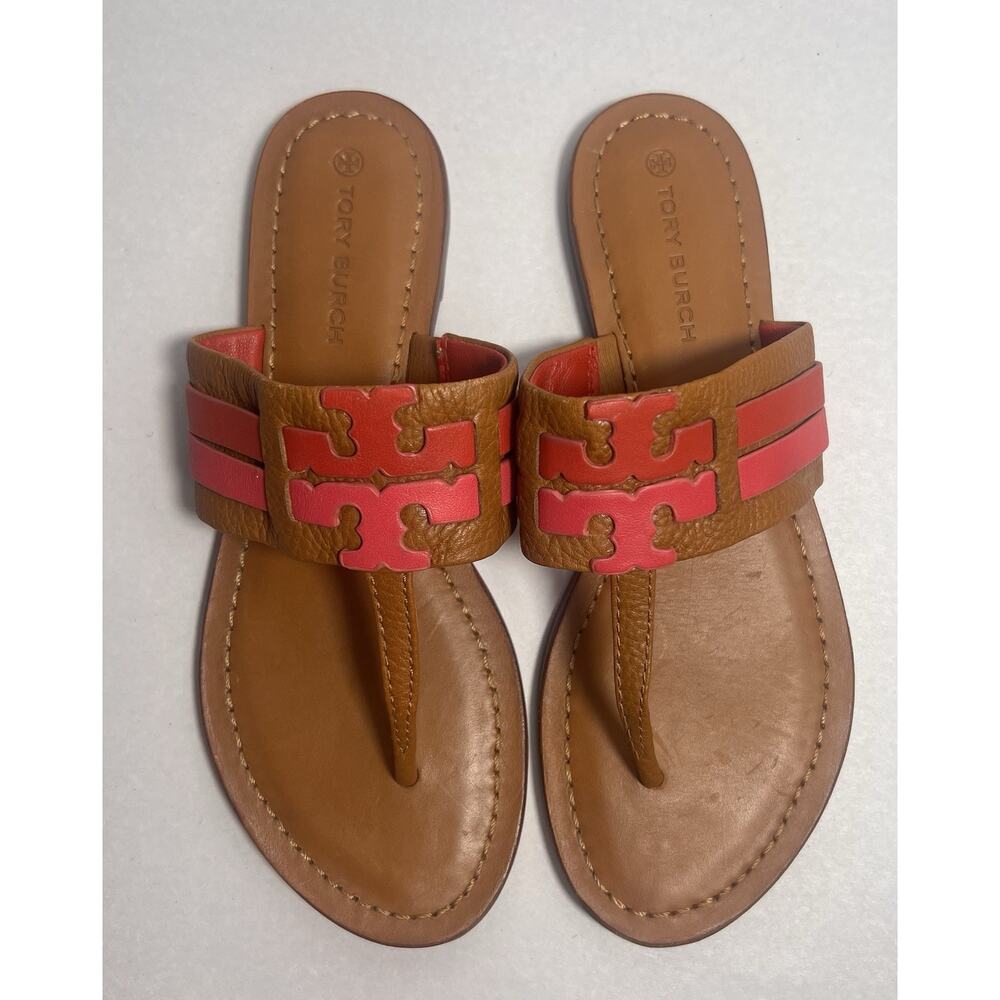 TORY BURCH LEIGH AMBRA CARNELIAN AZALEA LEATHER SIZE 7 WOMEN'S THONG SANDALS